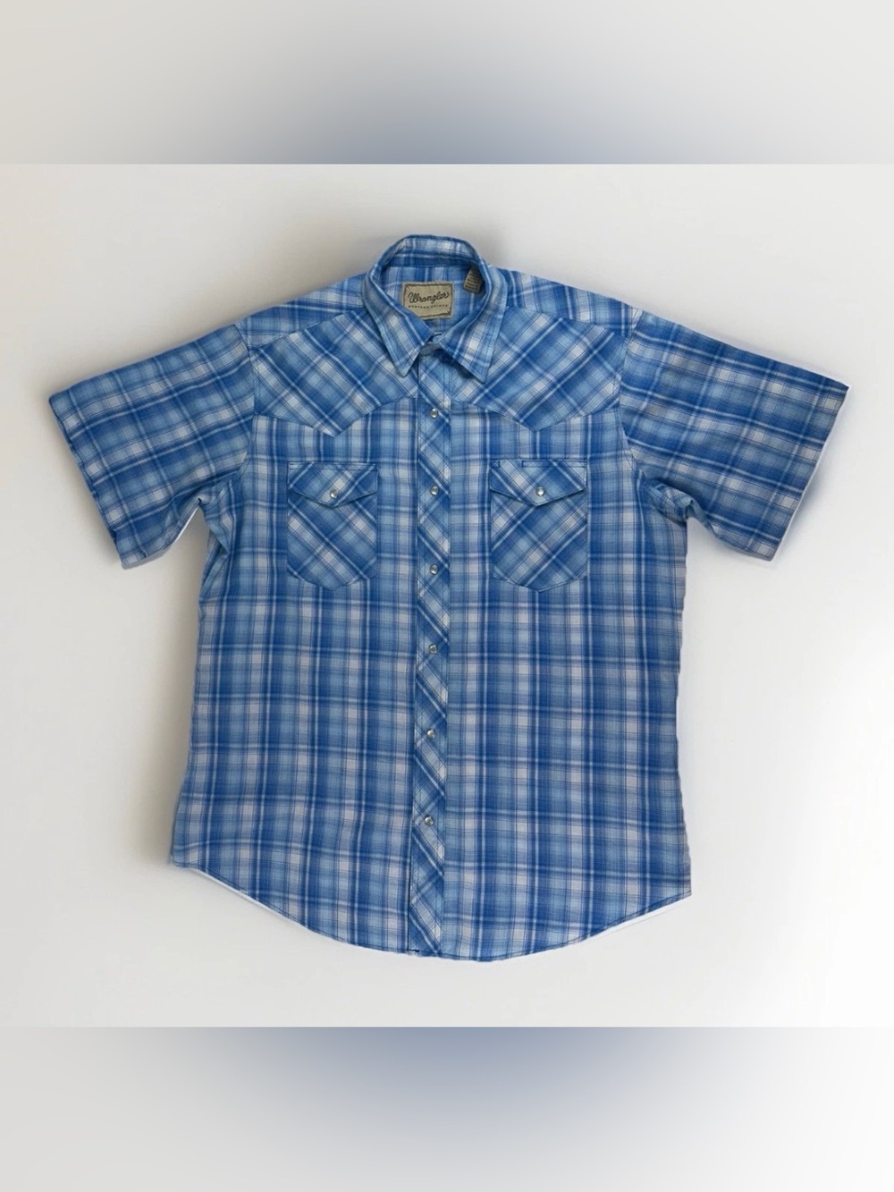 Wrangler Mens L Blue Plaid Pearl Snap Shirt Short Sleeve Western Cowboy Ranch
